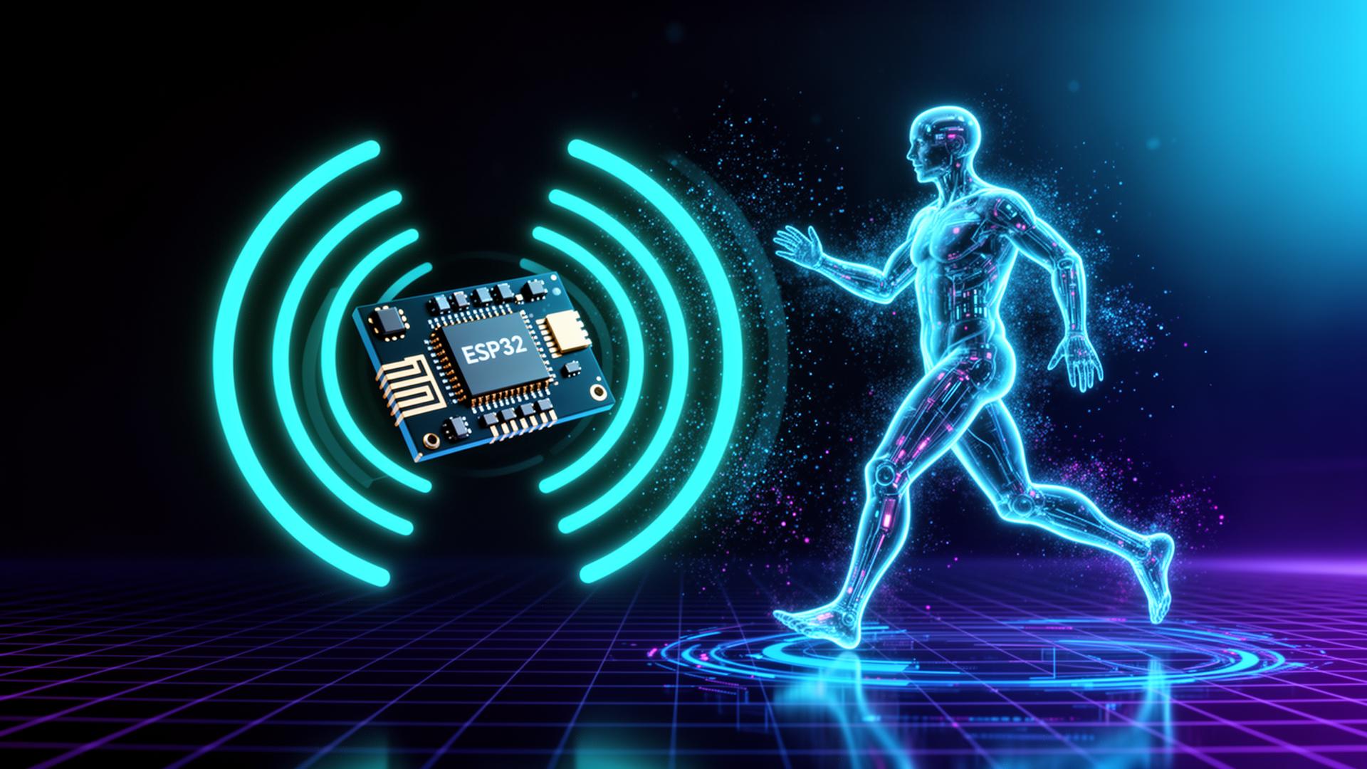 RuView AI WiFi sensing system visualizing radar waves scanning a human figure from an ESP32 node