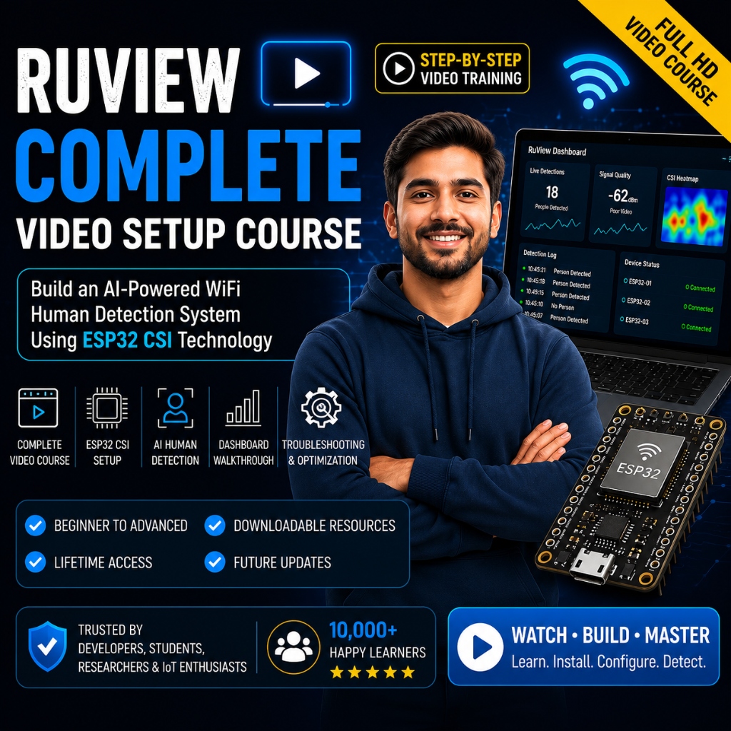 RuView Complete Video Setup Course Cover showing developer programming ESP32 CSI neural network radar dashboard
